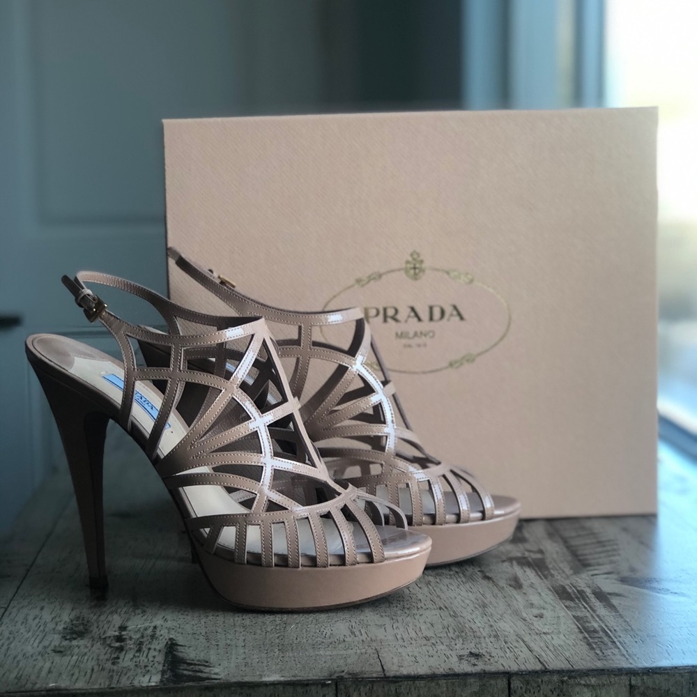 Prada Nude patent caged slingback sandal, Size 10